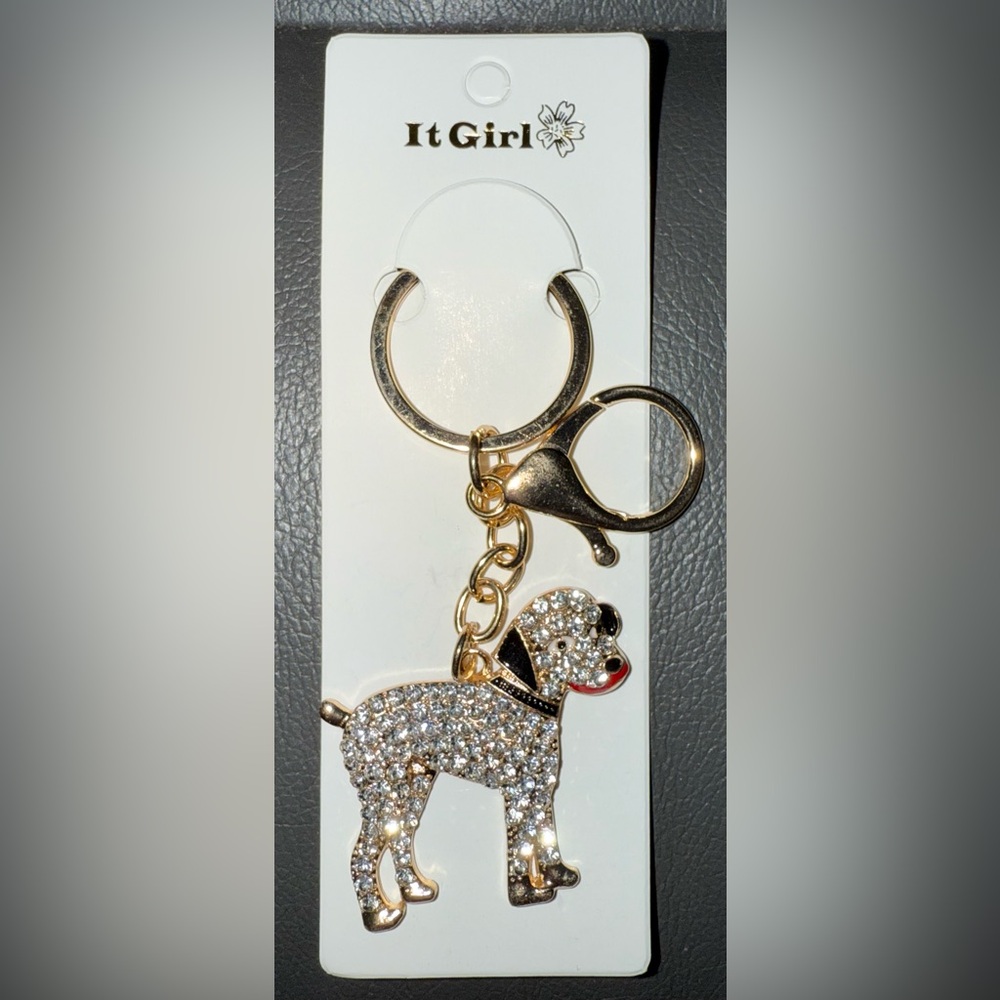 It Girl Gold Tone Dog Keychain With Clear And Black Rhinestones.  New In Package
